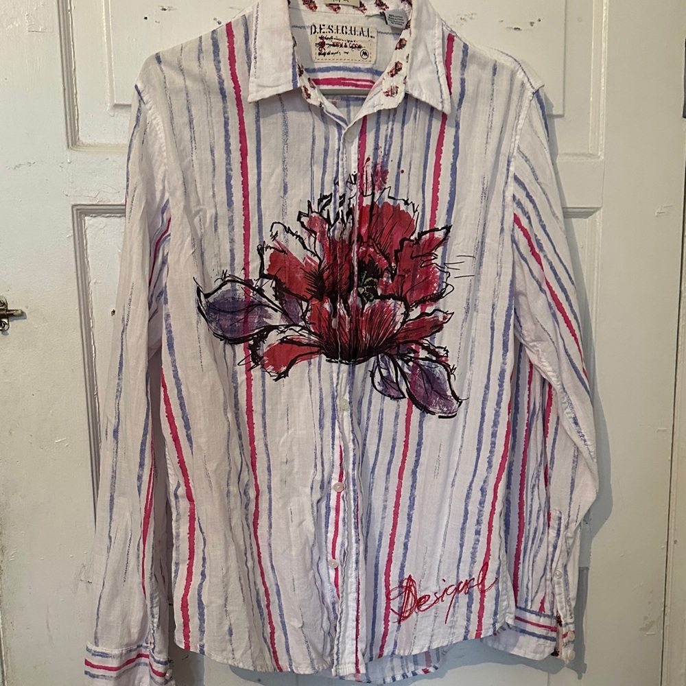 M—Desigual Men's Floral Striped Shirt - Red and Purple